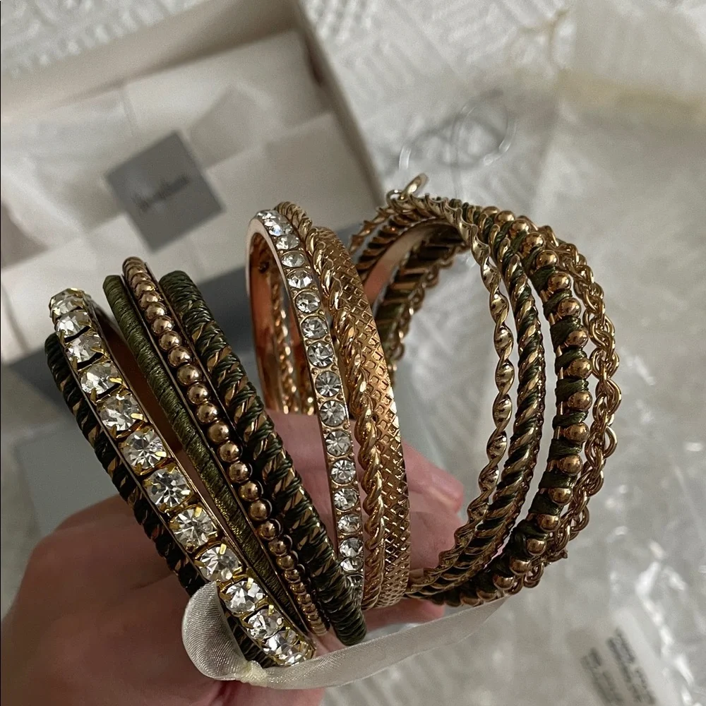 NWT Neiman Marcus 13 bangle bracelet set gold crystal olive green